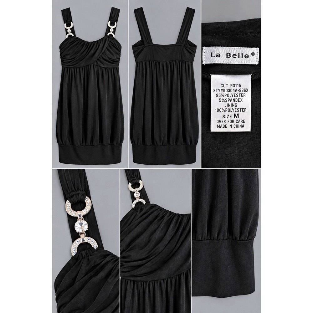 Vid 64. La Belle Black Rhinestone Strap Dress Size M Empire Y2K Party Glam.